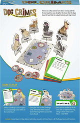 Dog Crimes game packaging with game board, cards, and dog figures on a blue and orange background.