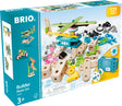 BRIO Builder Motor Set packaging with wooden building blocks and toys on a blue background