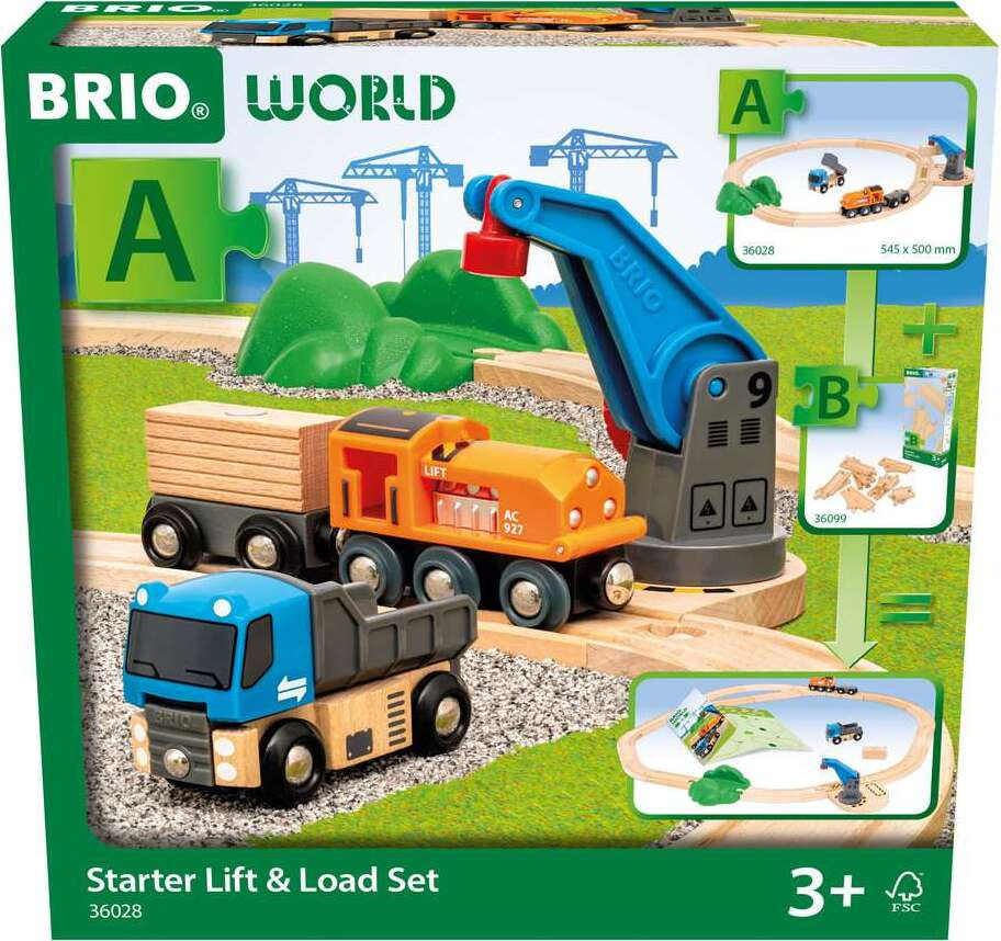 BRIO World Starter Lift & Load Set packaging with toy vehicles and crane on a green background