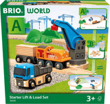 BRIO World Starter Lift & Load Set packaging with toy vehicles and crane on a green background