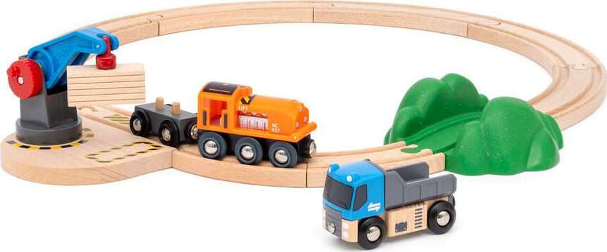 Wooden BRIO Starter Lift & Load toy train set with tracks, cars, and a crane on a white background