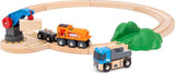 Wooden BRIO Starter Lift & Load toy train set with tracks, cars, and a crane on a white background