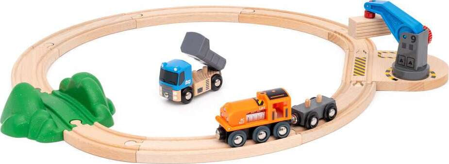 Wooden BRIO Starter Lift & Load train set with tracks, cars, and accessories on a white background