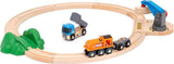 Wooden BRIO Starter Lift & Load train set with tracks, cars, and accessories on a white background