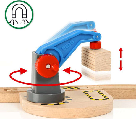 Toy train track component with blue and red handle labeled 'BRIO' on a white background.