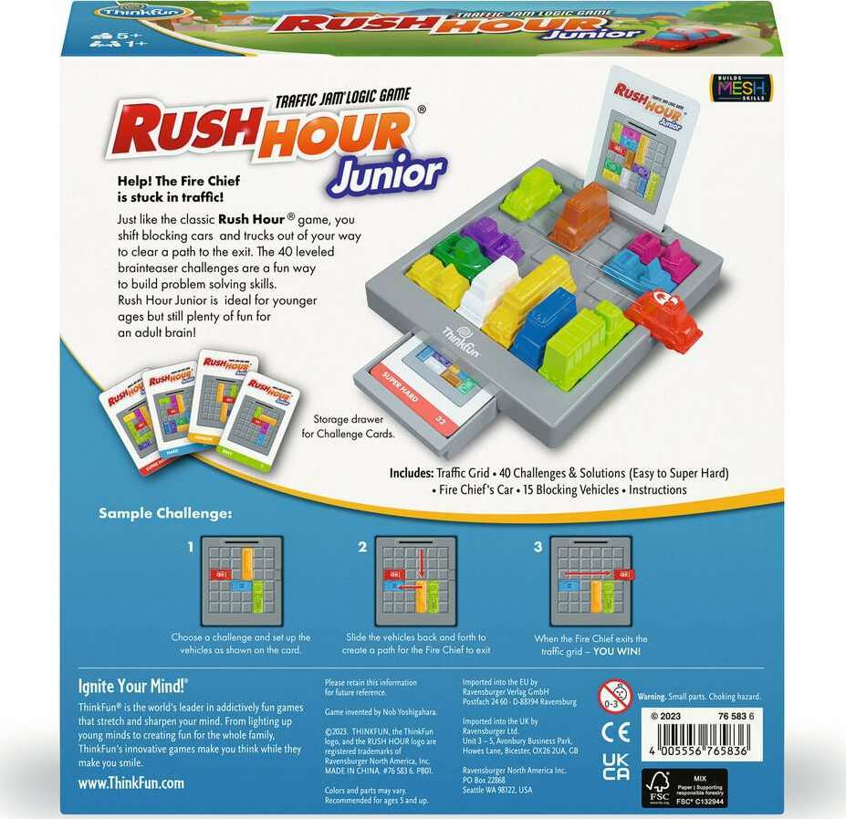 Rush Hour Junior game packaging with colorful blocks and cards on a white background