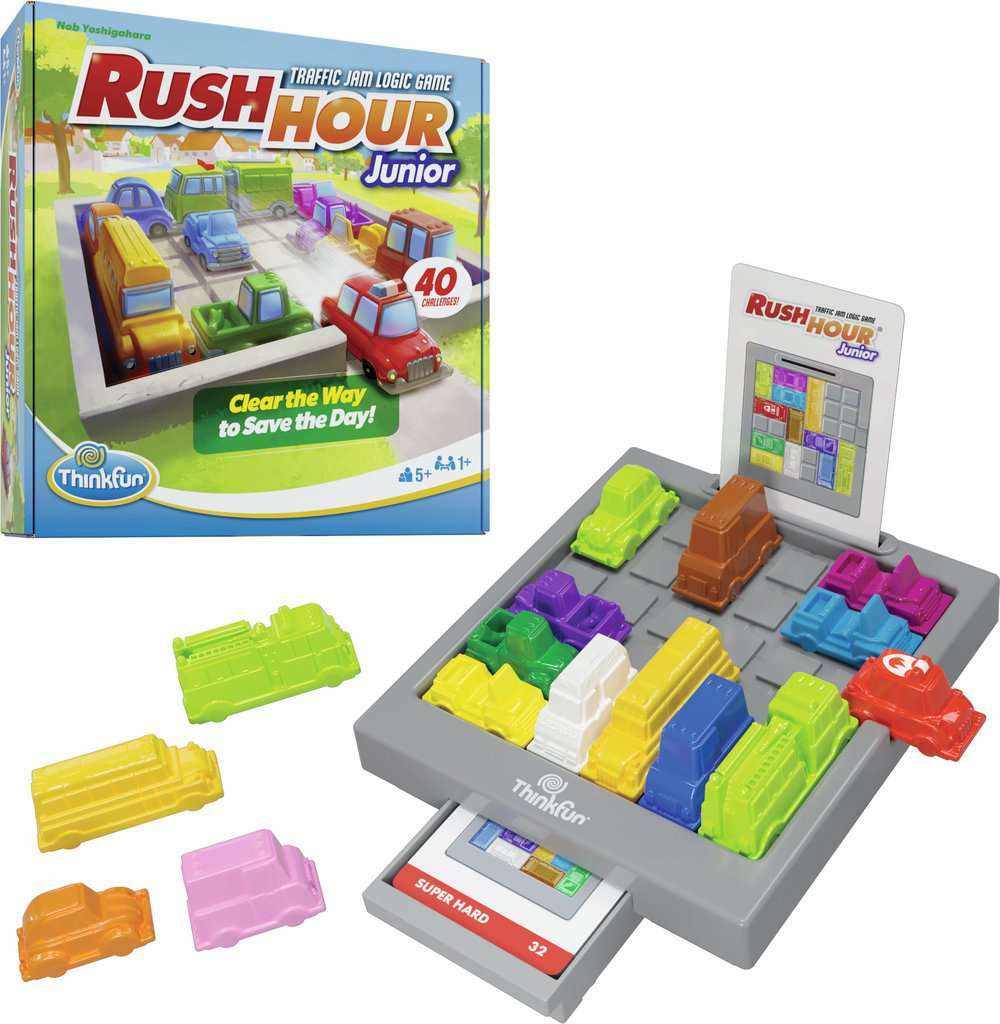 Rush Hour Junior board game set with colorful cars and ThinkFun logo on a white background
