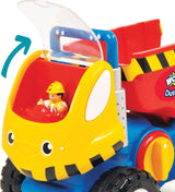 Toy Dustin Dump Truck with a driver figure on a white background