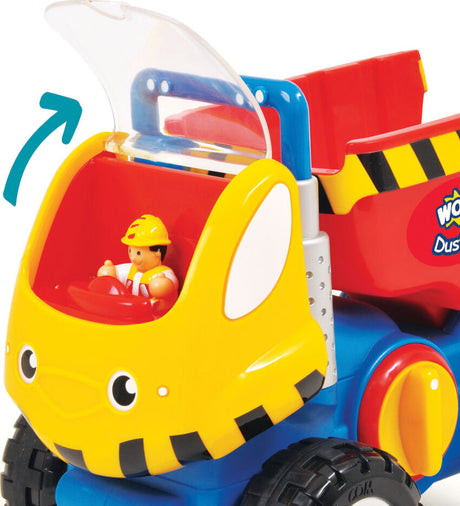 Toy Dustin Dump Truck with a driver figure on a white background