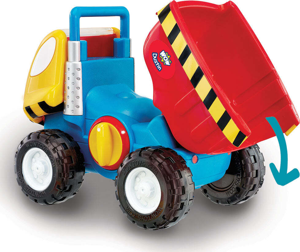 Toy Dustin Dump Truck with red bed and blue body on a white background