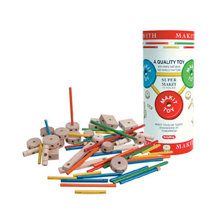 Colorful toy building set with wooden pieces and interlocking rods next to a Makit Toy  packaging on a white background.