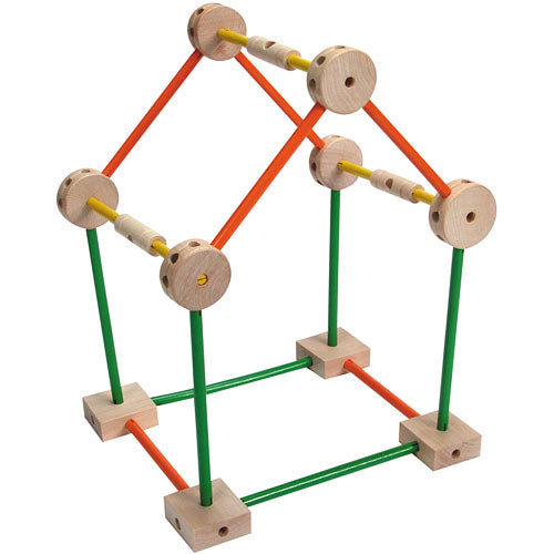 Wooden Makit Toy with orange and green pieces on a white background