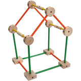 Wooden Makit Toy with orange and green pieces on a white background