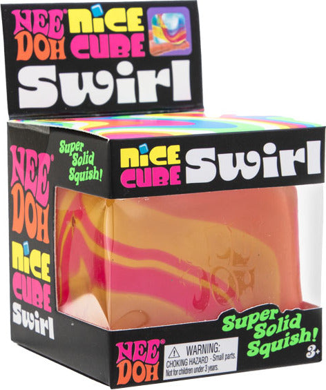 Box of Nee Doh Cube Swirl with colorful packaging and product inside.