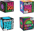 Four colorful boxes of Nee Doh Teenie Single with different designs and text.