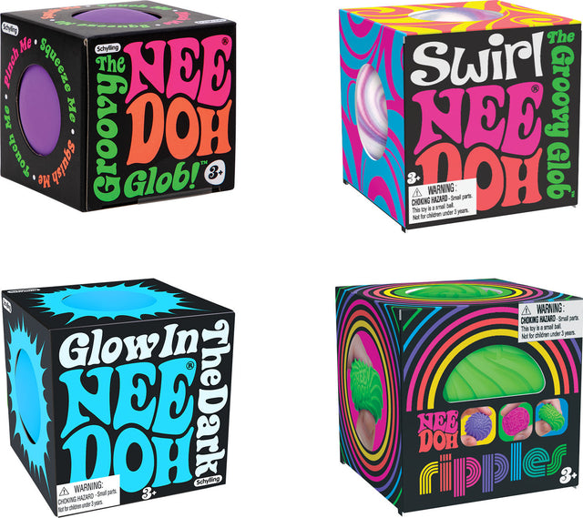 Four colorful boxes of Nee Doh Teenie Single with different designs and text.