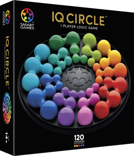 IQ Circle logic game packaging with colorful beads and Smart Games logo.