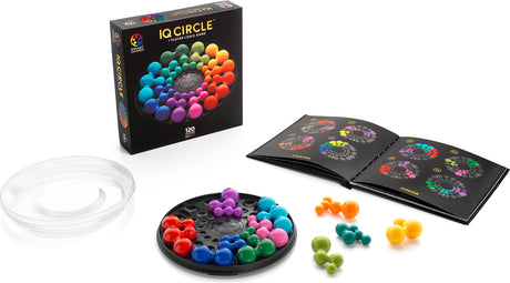 IQ Circle game set with colorful discs and packaging on a white background