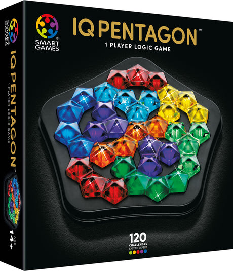 IQ Pentagon logic game packaging with colorful pentagons on a black background