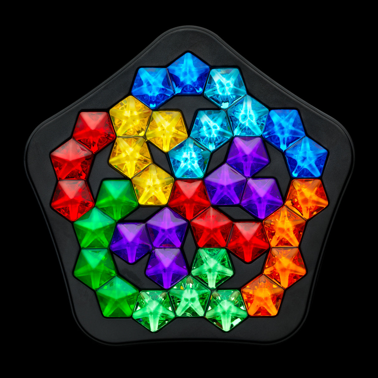 Colorful geometric IQ Deluxe - Pentagon puzzle on a black background