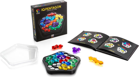 IQ Deluxe - Pentagon puzzle set with colorful plastic pieces and packaging on a white background