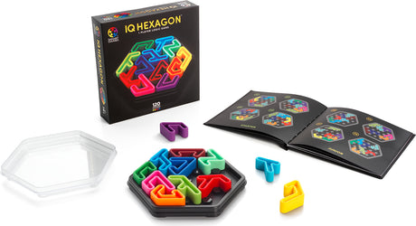 IQ Hexagon puzzle set with colorful pieces and packaging on a white background