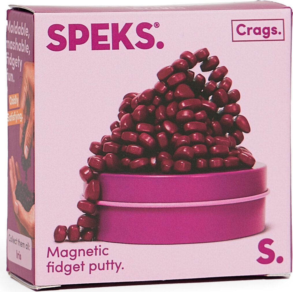 Mini Matte Crags Iris packaging with red putty and pink container on a white background