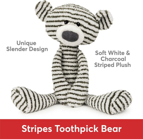 Striped toothpick bear with text describing its design and color on a white background