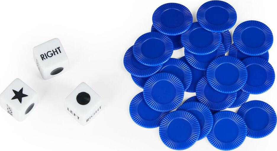 Left Center Right, Tin with blue game chips and white dice with text on a white background 