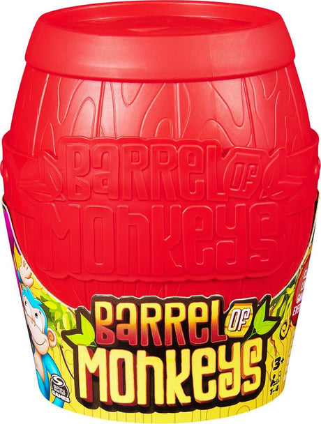 Red barrel-shaped container with 'Barrel of Monkeys' branding on a white background