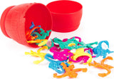 Colorful Barrel of Monkeys spilling out of a red container on a white background