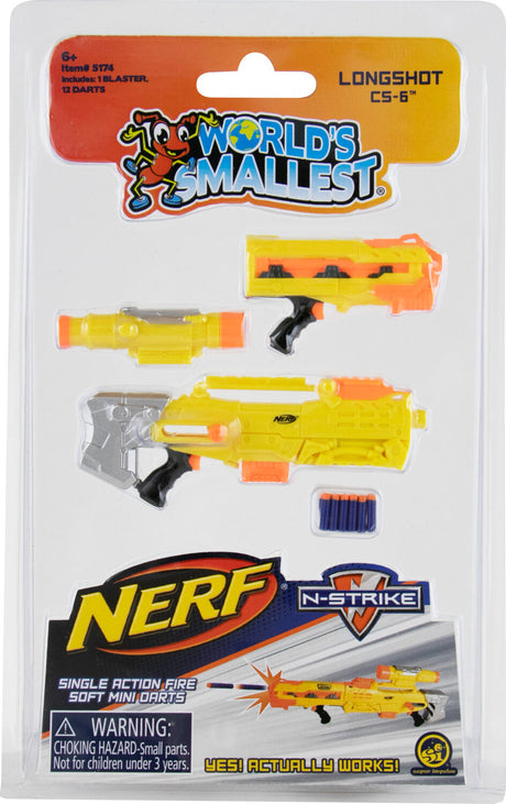 Packaged toy gun with 'World's Smallest' and 'NERF' branding on a white background