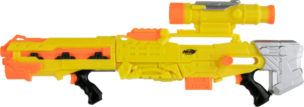 Yellow and orange World's Smallest Nerf Blasters with black accents on a white background