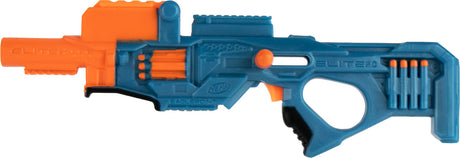 Blue and orange World's Smallest Nerf Blasters  with multiple darts on a white background