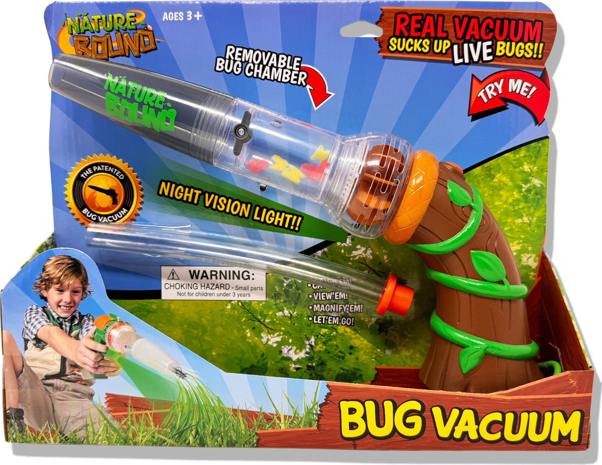 Bug vacuum toy with packaging featuring a child using it outdoors.