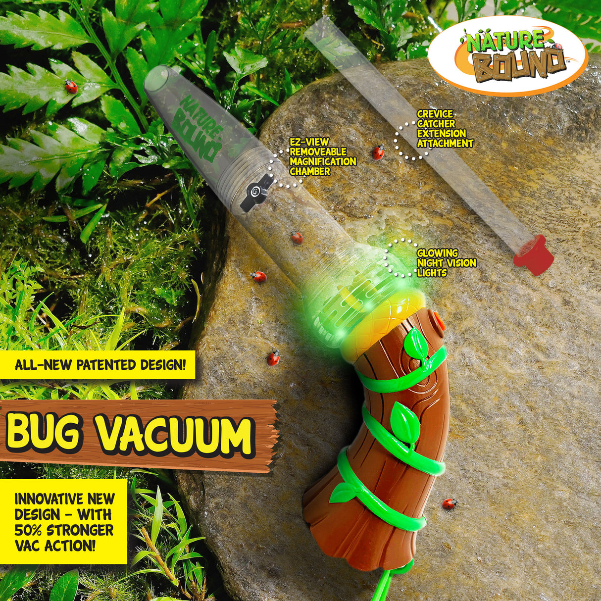 Bug vacuum with nature-themed design on a green and brown background
