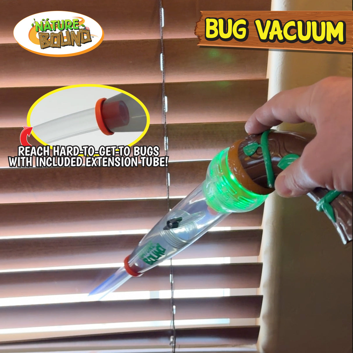 Bug vacuum being used to remove bugs from blinds with 'Nature Bound' branding.