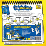 Back cover of Telestrations party game packaging with illustrations and text.