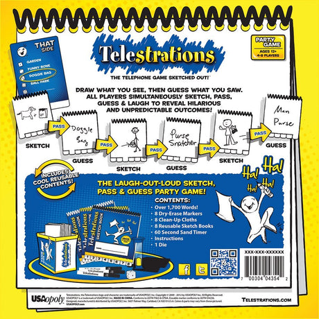 Back cover of Telestrations party game packaging with illustrations and text.