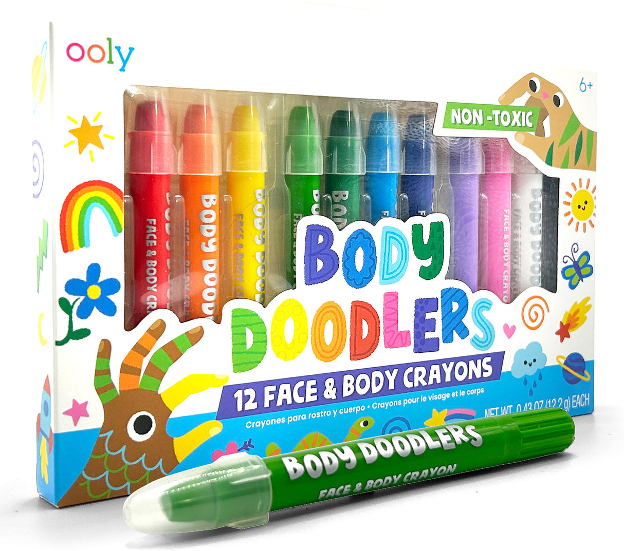 Box of Ooly Body Doodlers face and body crayons with colorful packaging.