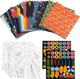 Collection of patterned paper sheets, a coloring page, and sticker sheet for making DIY Paper Airplanes on a white background
