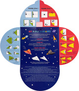 Instructions for making DIY paper airplanes with colorful folding diagrams on a blue background.