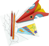 Colorful paper airplane with pencils and coloring sheets on a white background