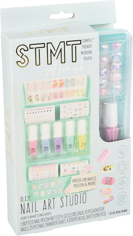 STMT nail art studio kit packaging with pastel colors and product display.