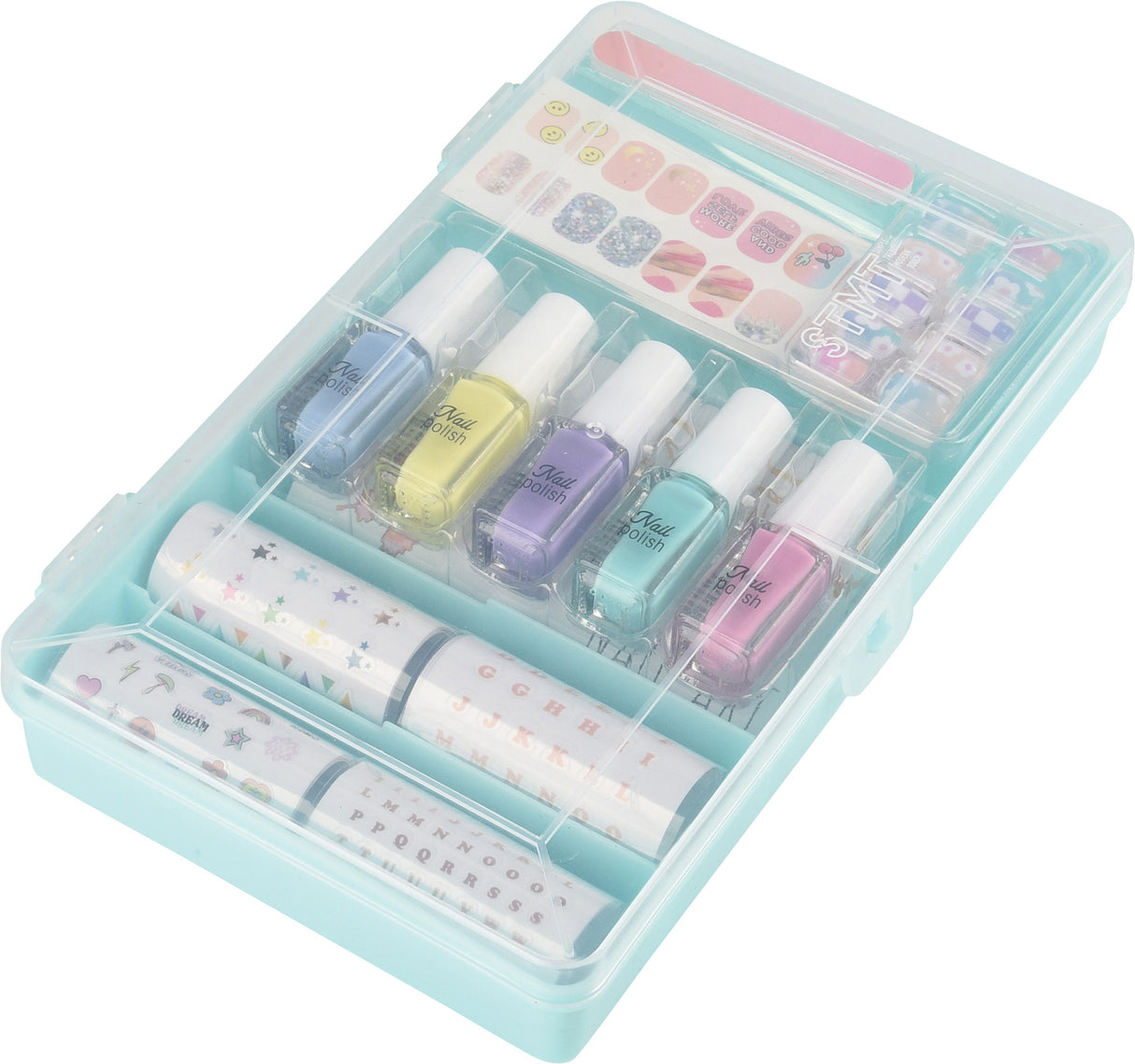 Set of pastel-colored nail polish bottles in a clear plastic case on a white background
