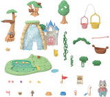 Collection of Calico Critters Secret Forest Falls toy set including a castle, trees, and various accessories on a white background