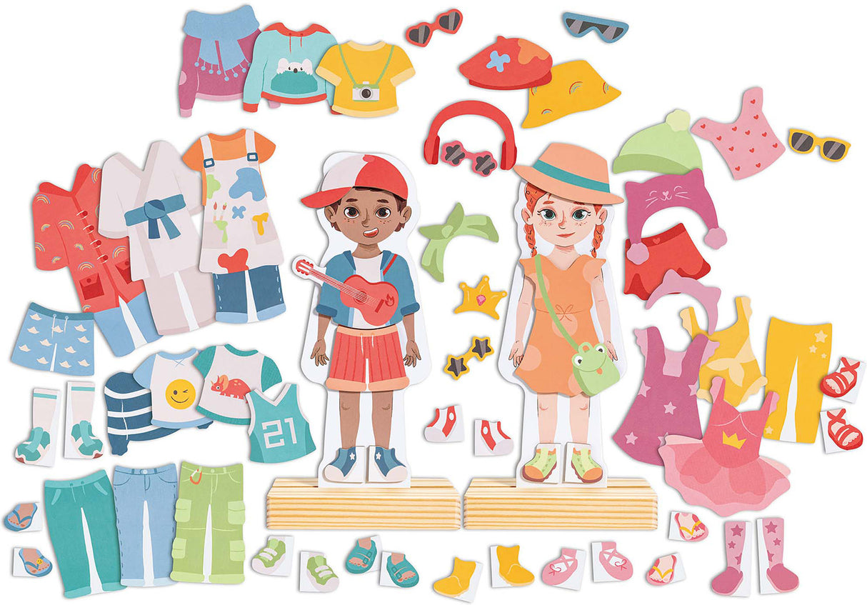 Colorful Dress-Up Magnetic Puzzle wooden dolls with accessories on a white background