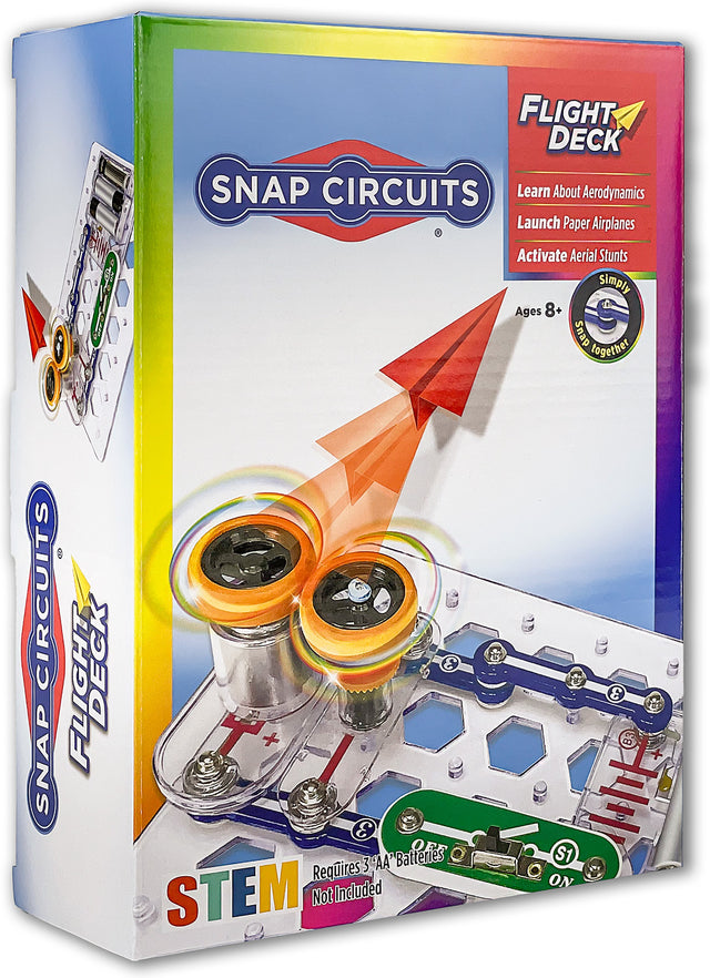 Snap Circuits Flight Deck STEM kit packaging with toy airplane and circuit board illustration.