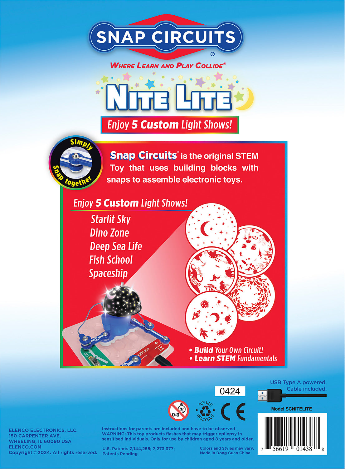 Snap Circuits Nite Lite toy packaging with colorful design and text on a blue background