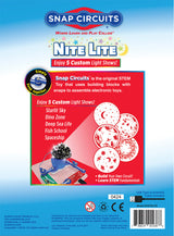 Snap Circuits Nite Lite toy packaging with colorful design and text on a blue background